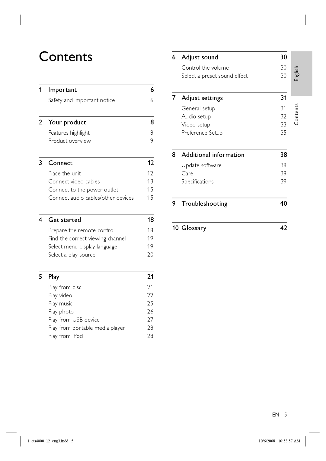 Philips CTS4000/05 manual Contents 