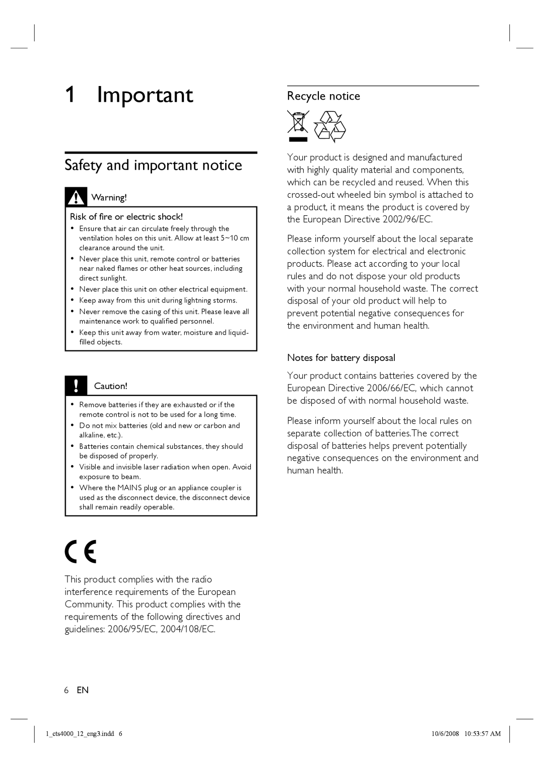 Philips CTS4000/05 manual Safety and important notice, Recycle notice 