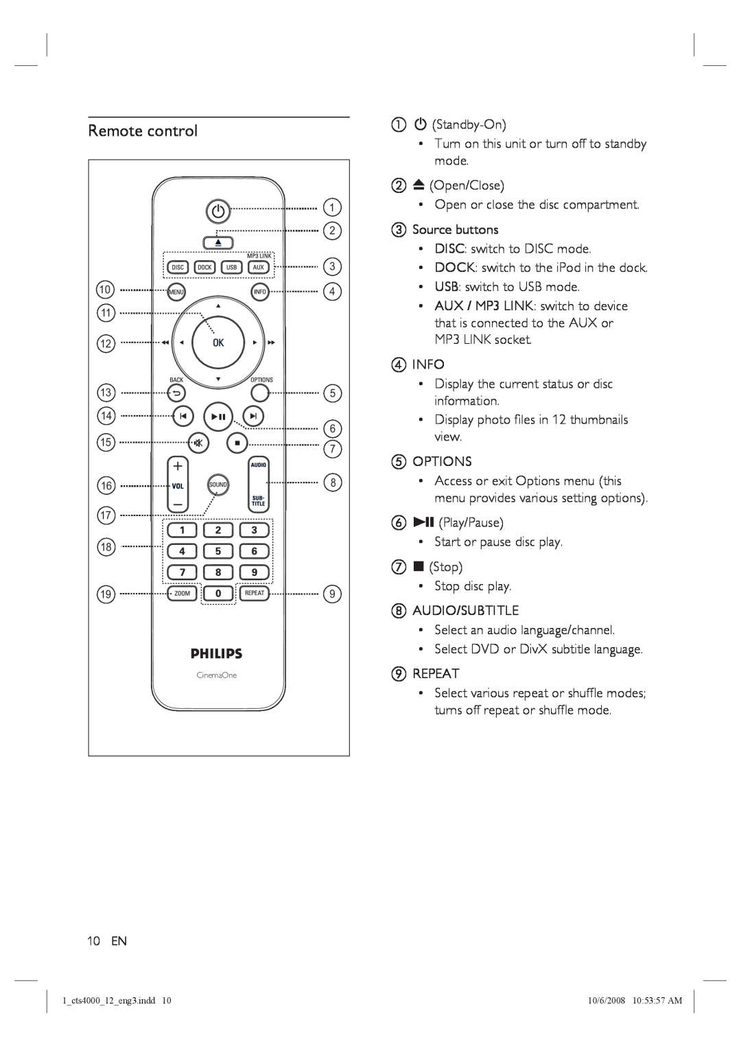Philips CTS4000/05 manual Remote control 