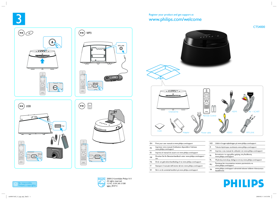 Philips CTS4000/12 user manual 12 NC 3139 245 31381 sgpjy 833/12, Register your product and get support at, MP3 USB, Hdmi 