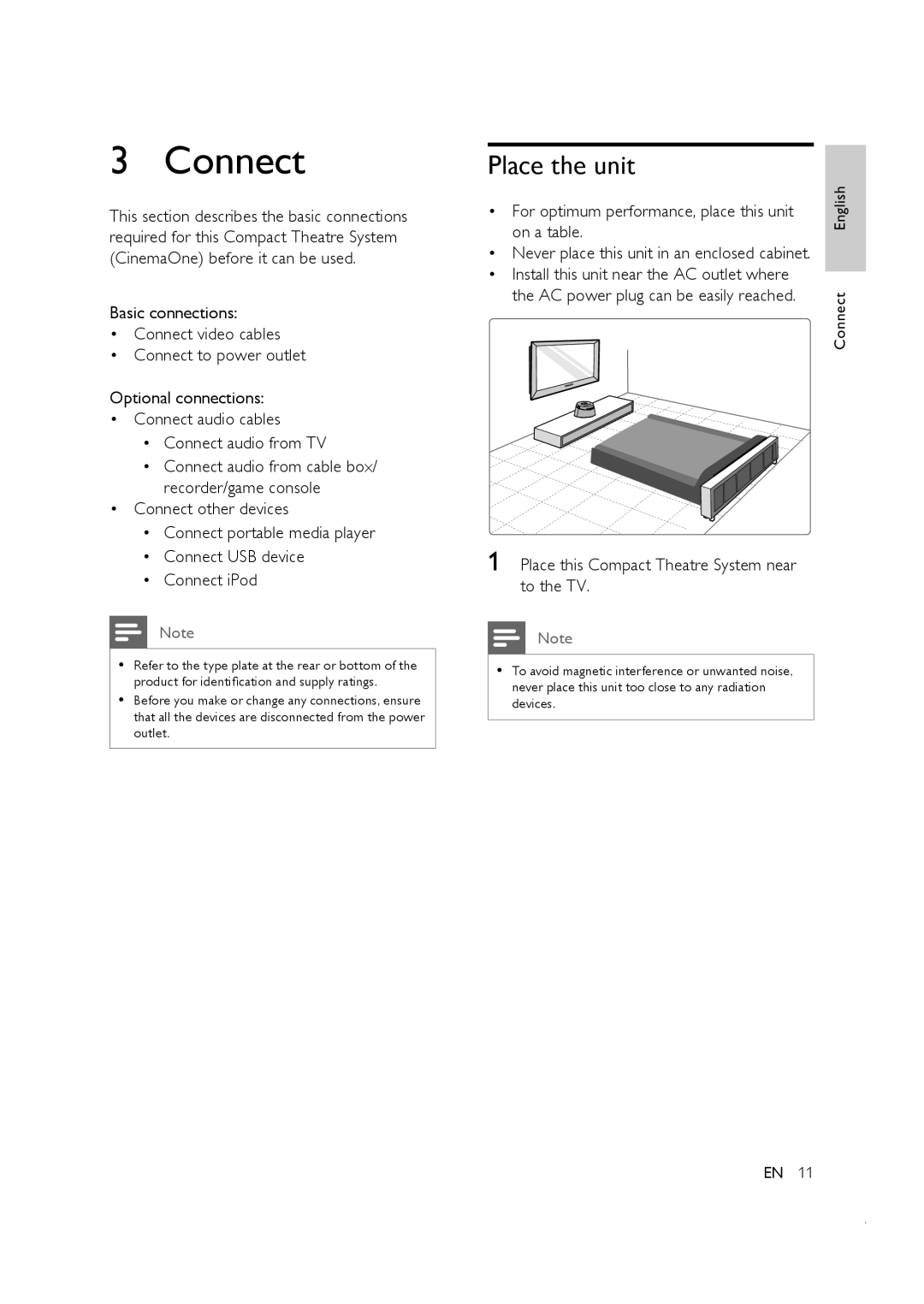 Philips CTS4000/55 manual Connect, Place the unit, For optimum performance, place this unit on a table 