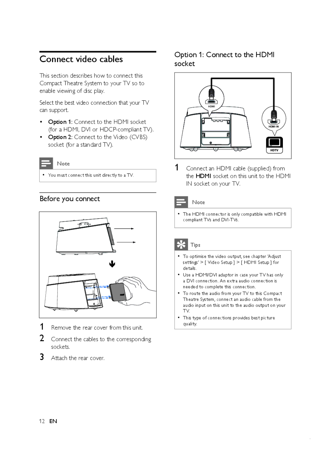 Philips CTS4000/55 manual Connect video cables, Before you connect, Option 1 Connect to the Hdmi socket 