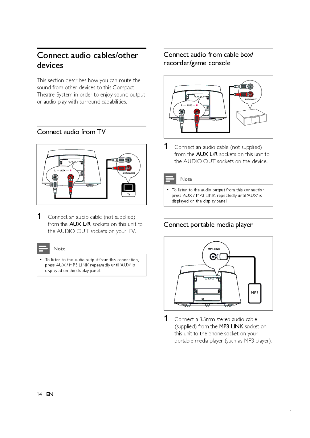 Philips CTS4000/55 manual Connect audio cables/other devices, Connect audio from TV, Connect portable media player 