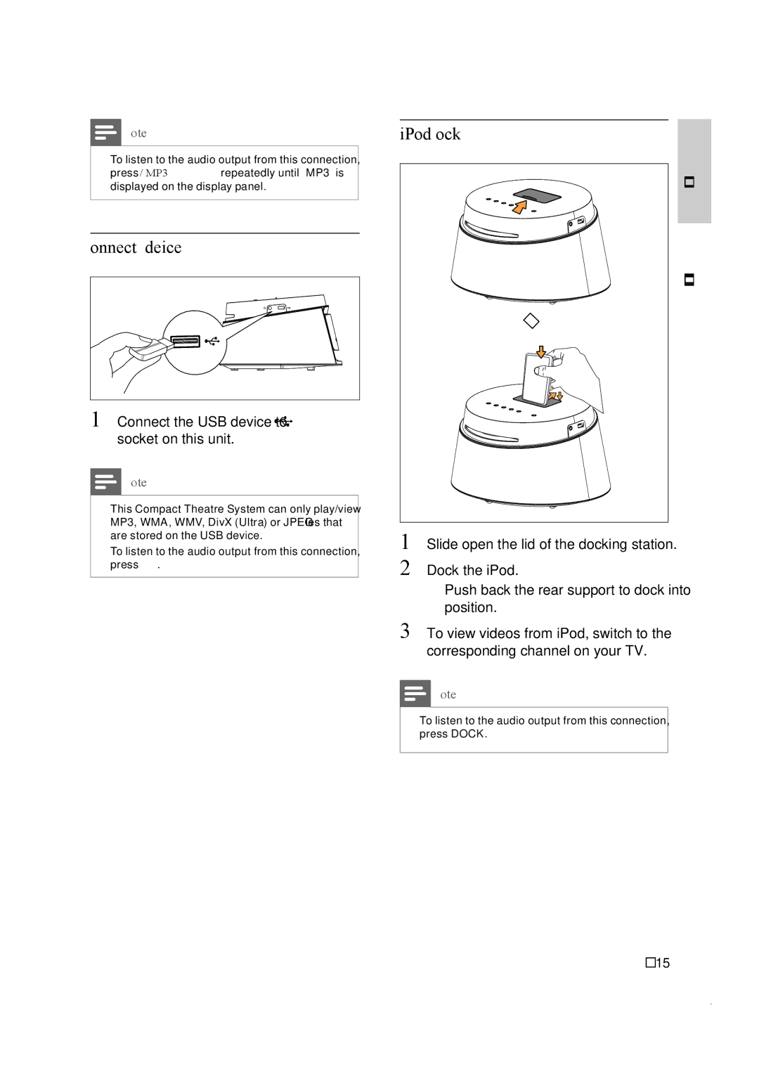 Philips CTS4000/55 manual Connect USB device, IPod Dock, Connect the USB device to USB socket on this unit 