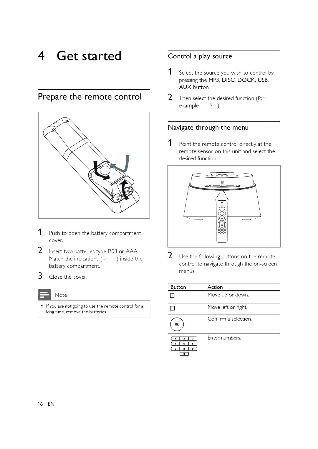 Philips CTS4000/55 manual Get started, Prepare the remote control, Control a play source, Navigate through the menu 