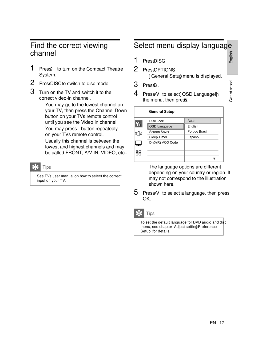 Philips CTS4000/55 manual Find the correct viewing channel, Select menu display language 