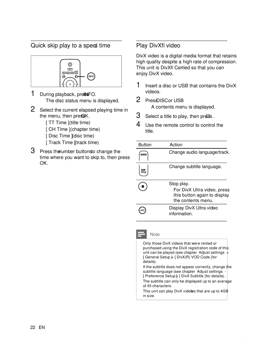 Philips CTS4000/55 manual Quick skip play to a speciﬁc time, Play DivX video 