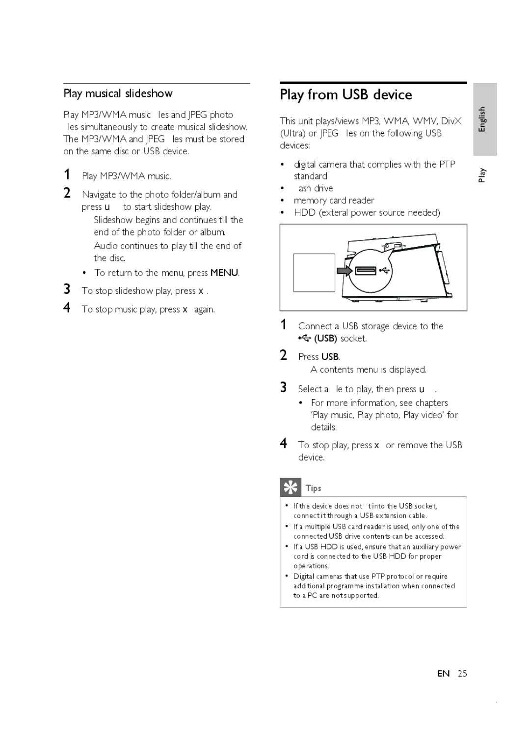 Philips CTS4000/55 manual Play from USB device, Play musical slideshow 