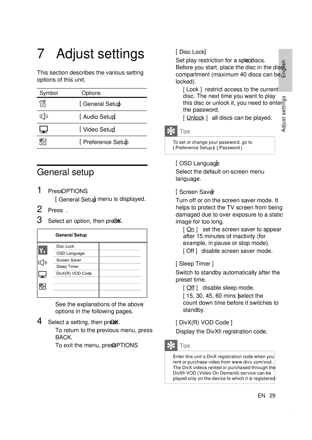 Philips CTS4000/55 manual Adjust settings, General setup, General Setup Audio Setup Video Setup Preference Setup 