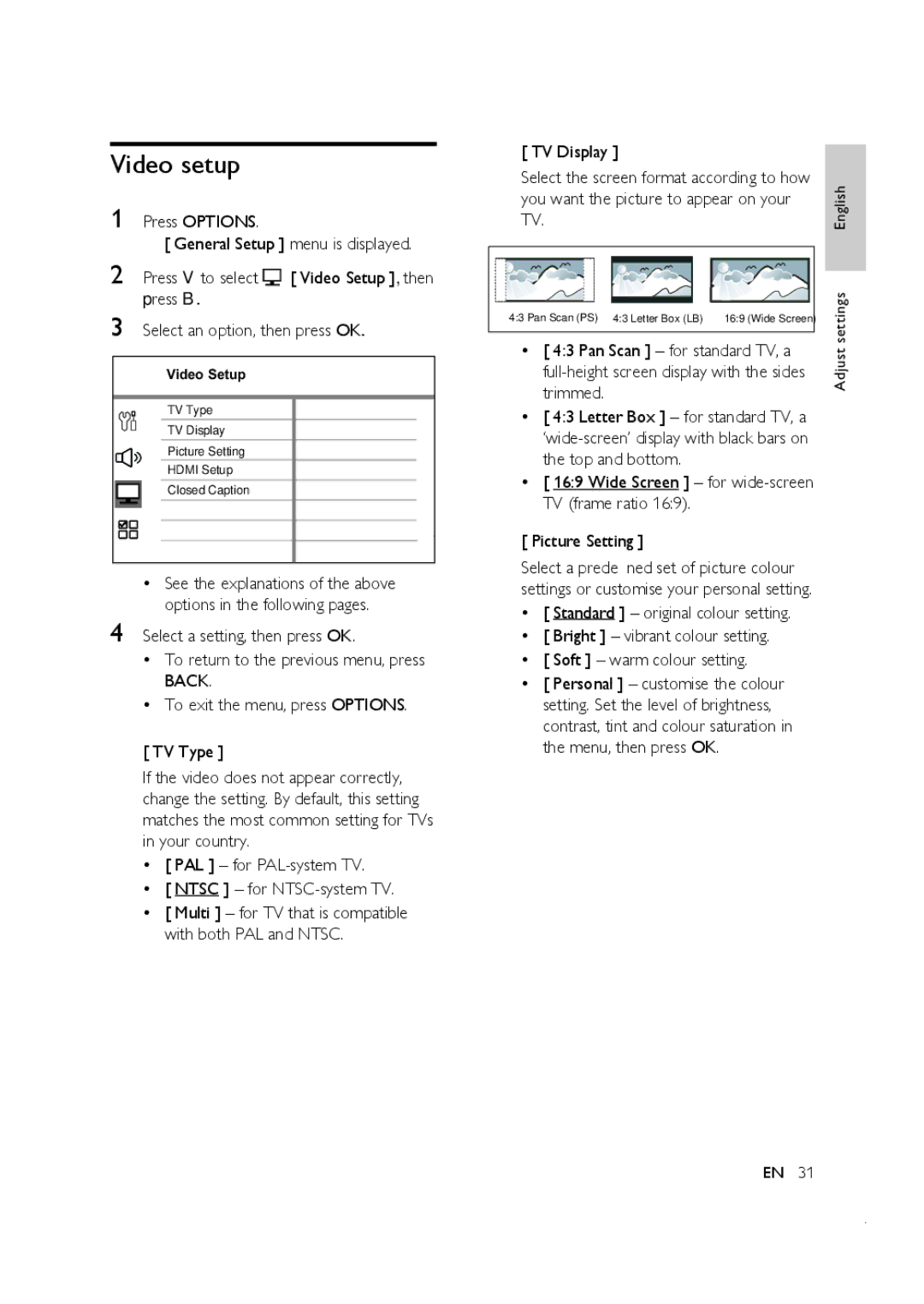 Philips CTS4000/55 manual Video setup 