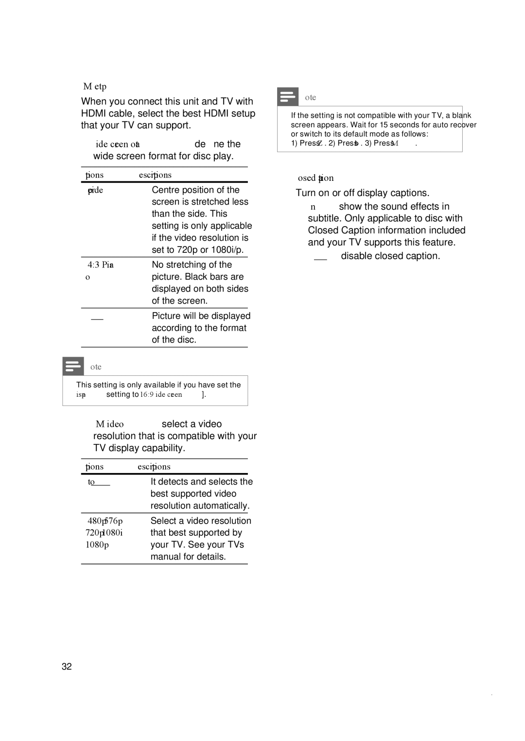 Philips CTS4000/55 manual Hdmi Setup, Closed Caption Turn on or off display captions, Off disable closed caption 