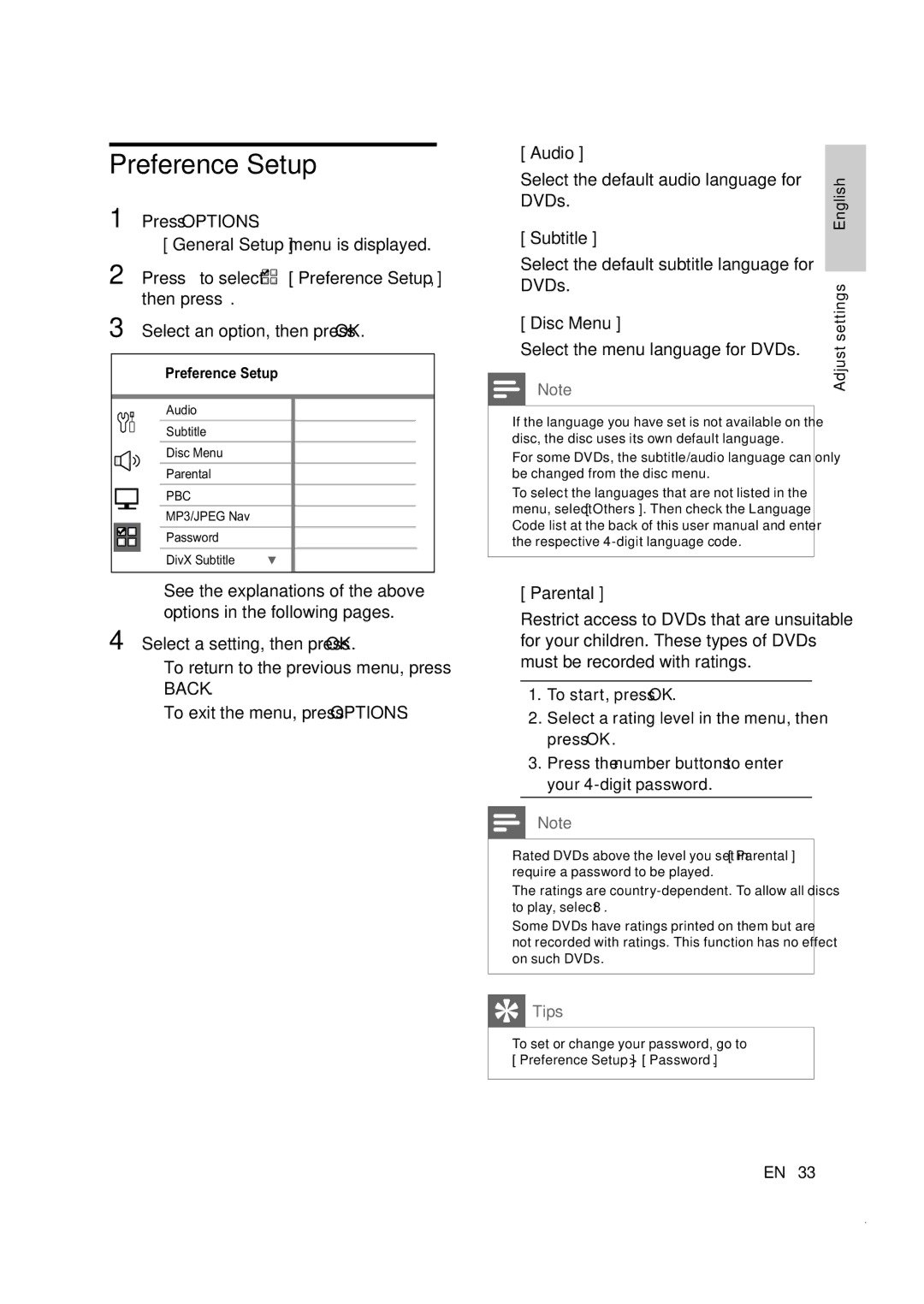 Philips CTS4000/55 manual Preference Setup, Parental 