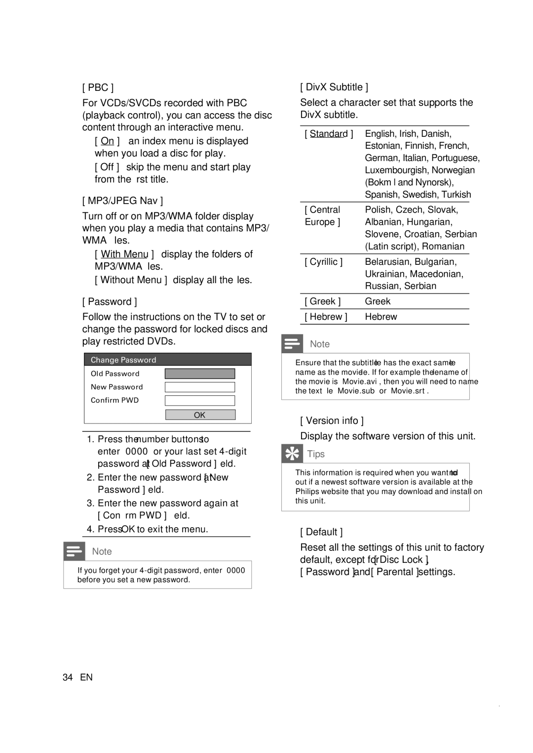 Philips CTS4000/55 Pbc, Version info Display the software version of this unit, Default, Password and Parental settings 