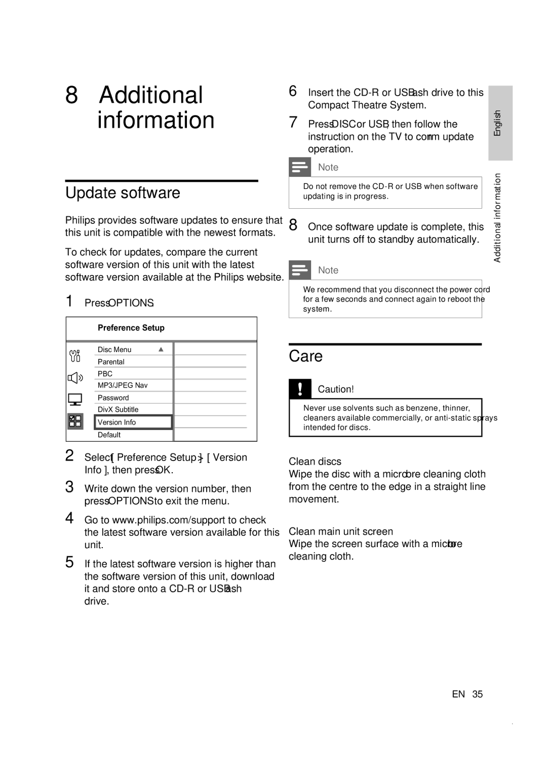 Philips CTS4000/55 manual Additional information, Update software, Care 