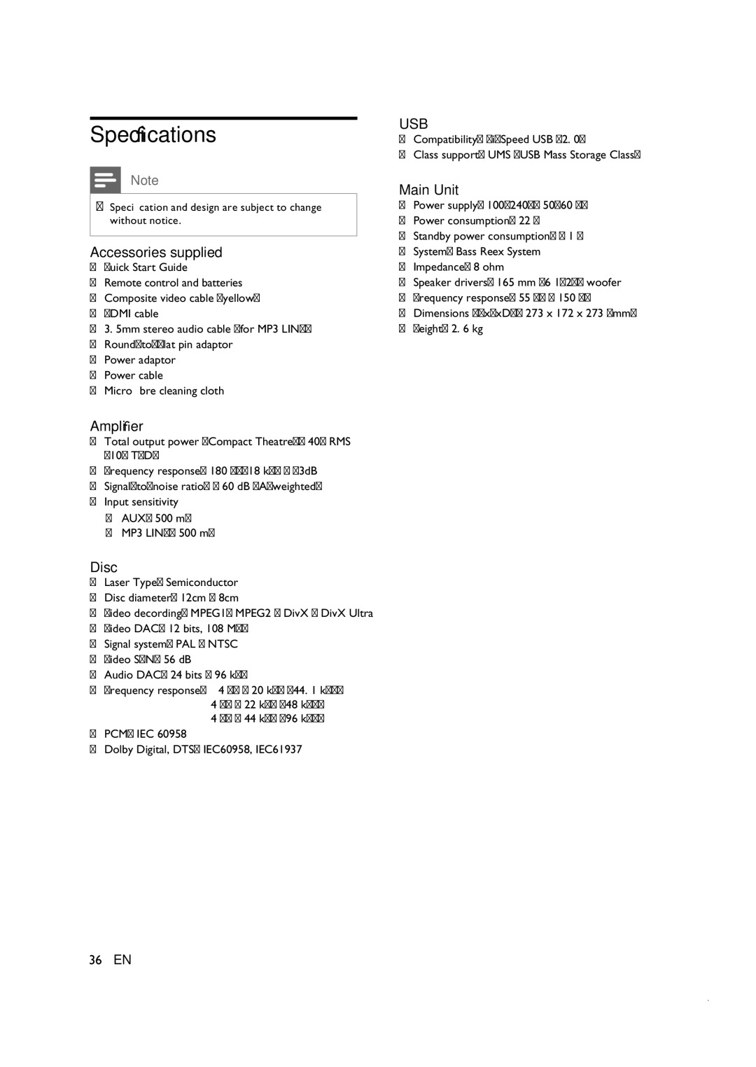 Philips CTS4000/55 manual Speciﬁcations, Accessories supplied, Ampliﬁer, Disc, Main Unit 