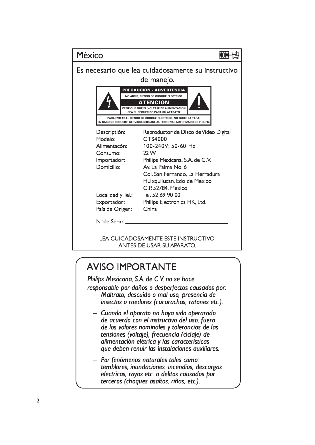Philips CTS4000/55 manual Aviso Importante, México, de manejo 