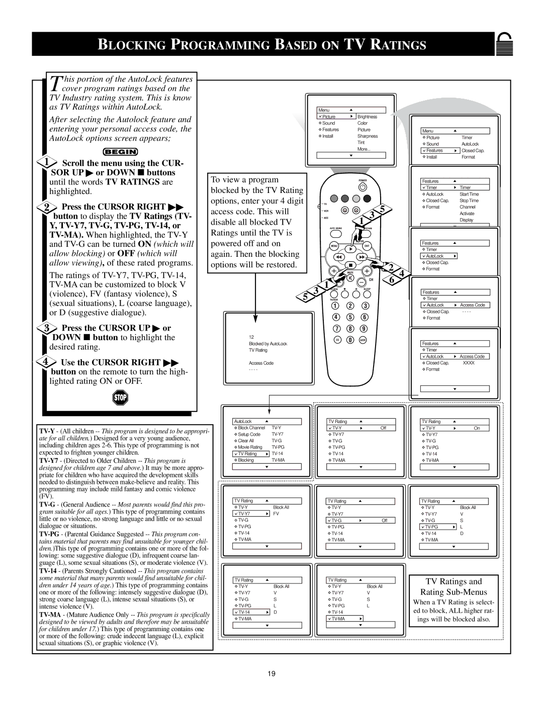 Philips CTV/DBX stereo manual Blocking Programming Based on TV Ratings, TV Ratings Rating Sub-Menus 