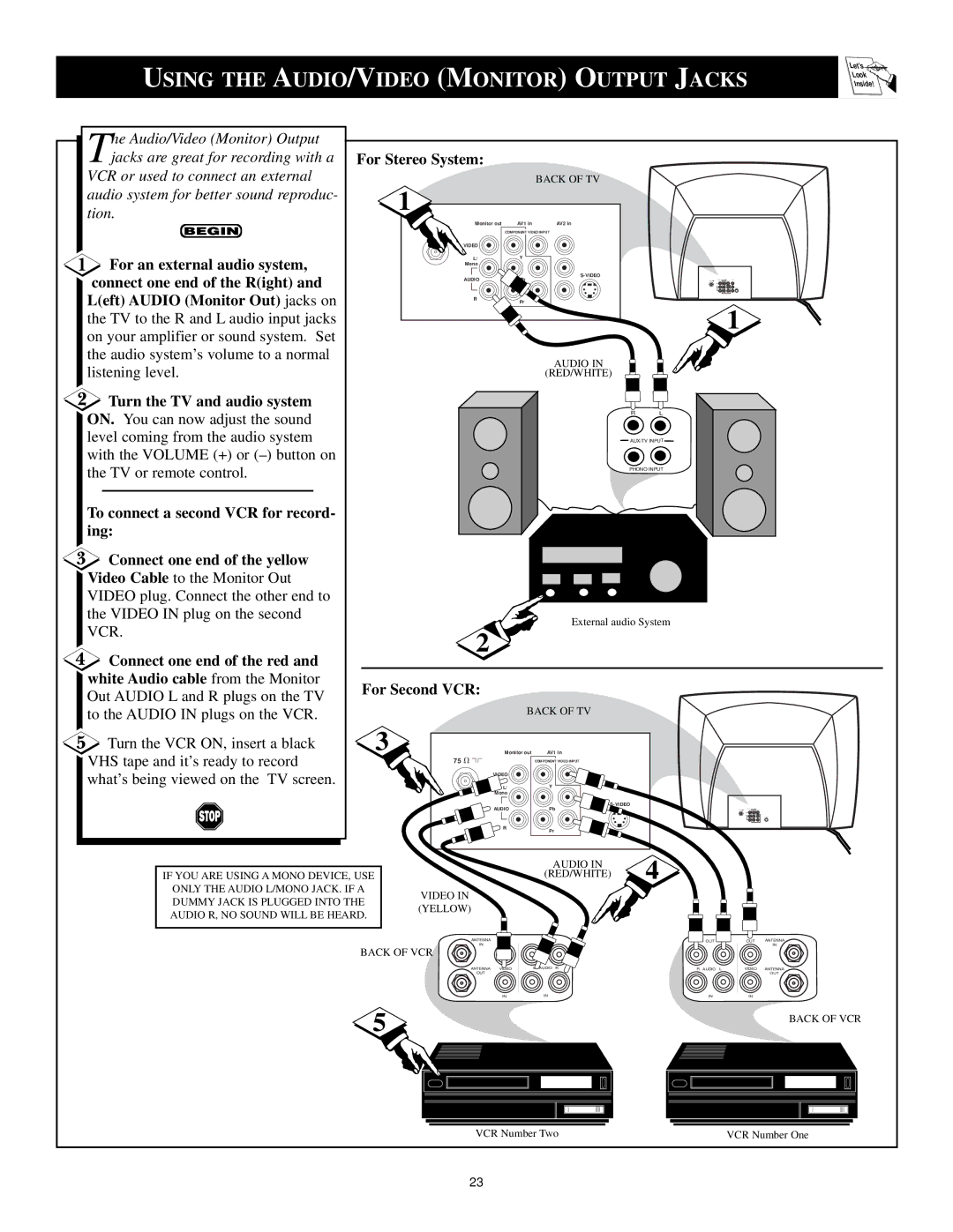 Philips CTV/DBX stereo manual Using the AUDIO/VIDEO Monitor Output Jacks, For Stereo System, For Second VCR 