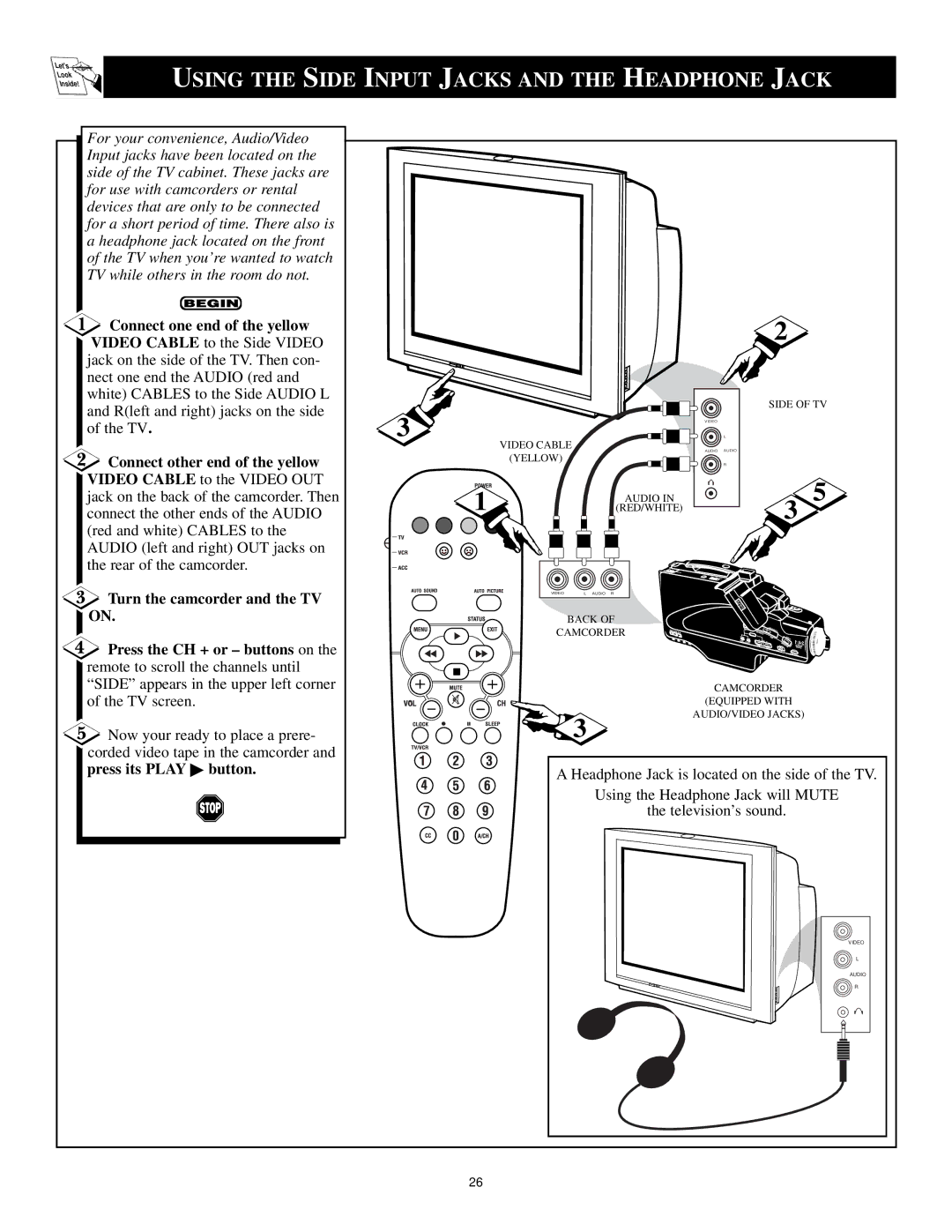 Philips CTV/DBX stereo manual Using the Side Input Jacks and the Headphone Jack 