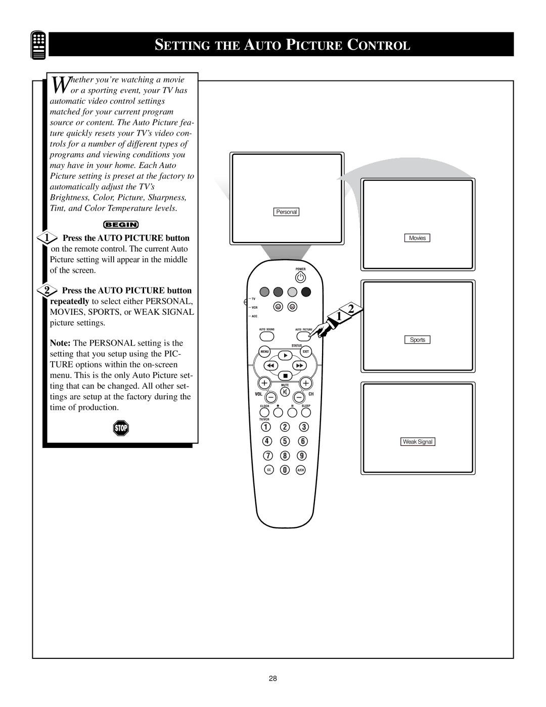 Philips CTV/DBX stereo manual Setting the Auto Picture Control, Press the Auto Picture button 