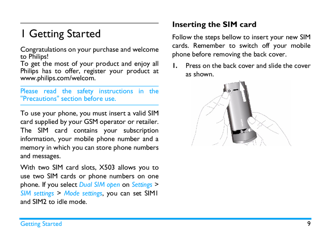 Philips CTX503WHT/00 Getting Started, Inserting the SIM card, Congratulations on your purchase and welcome to Philips 