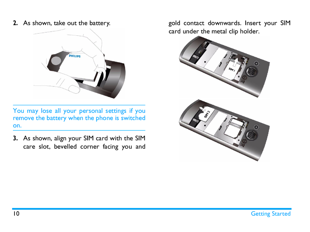 Philips CTX503WHT/00 manual As shown, take out the battery, Card under the metal clip holder 