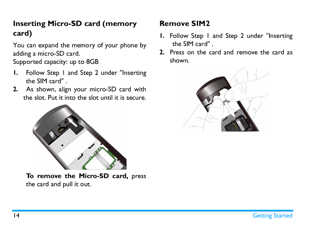 Philips CTX503WHT/00 manual Inserting Micro-SD card memory card, Remove SIM2, To remove the Micro-SD card, press 