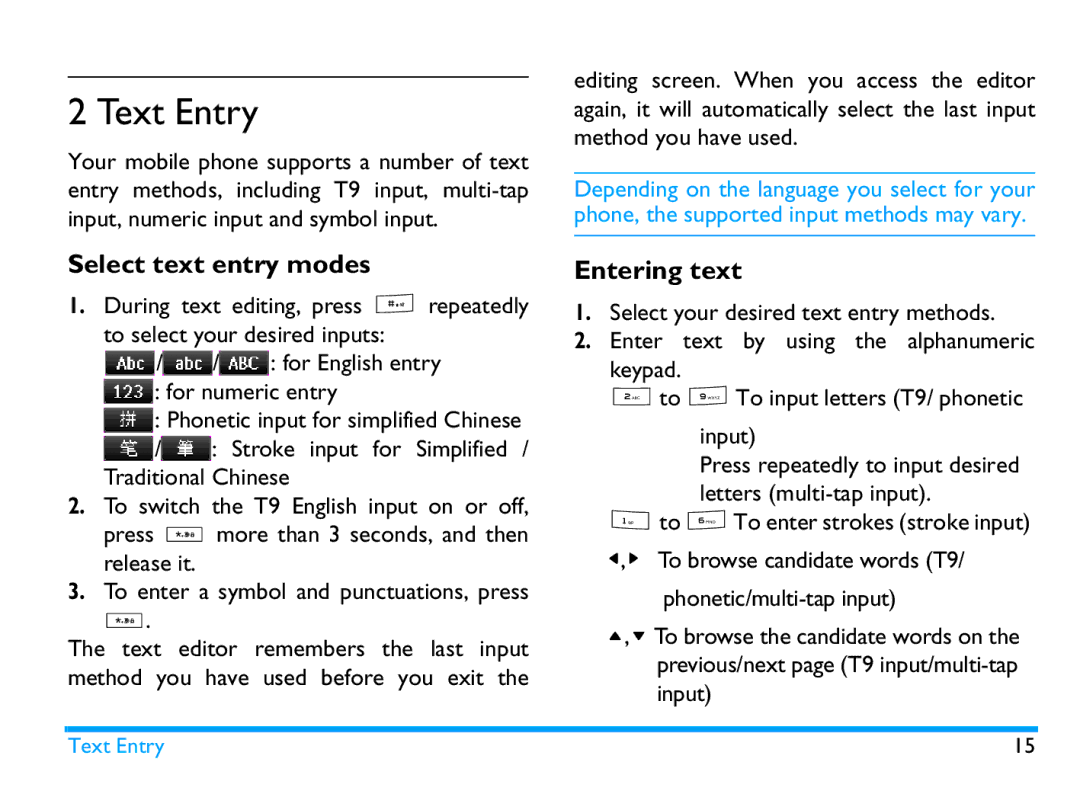 Philips CTX503WHT/00 manual Text Entry, Select text entry modes, Entering text 