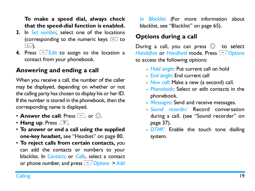 Philips CTX503WHT/00 manual Answering and ending a call, Options during a call, Answer the call Press or, Hang up Press 