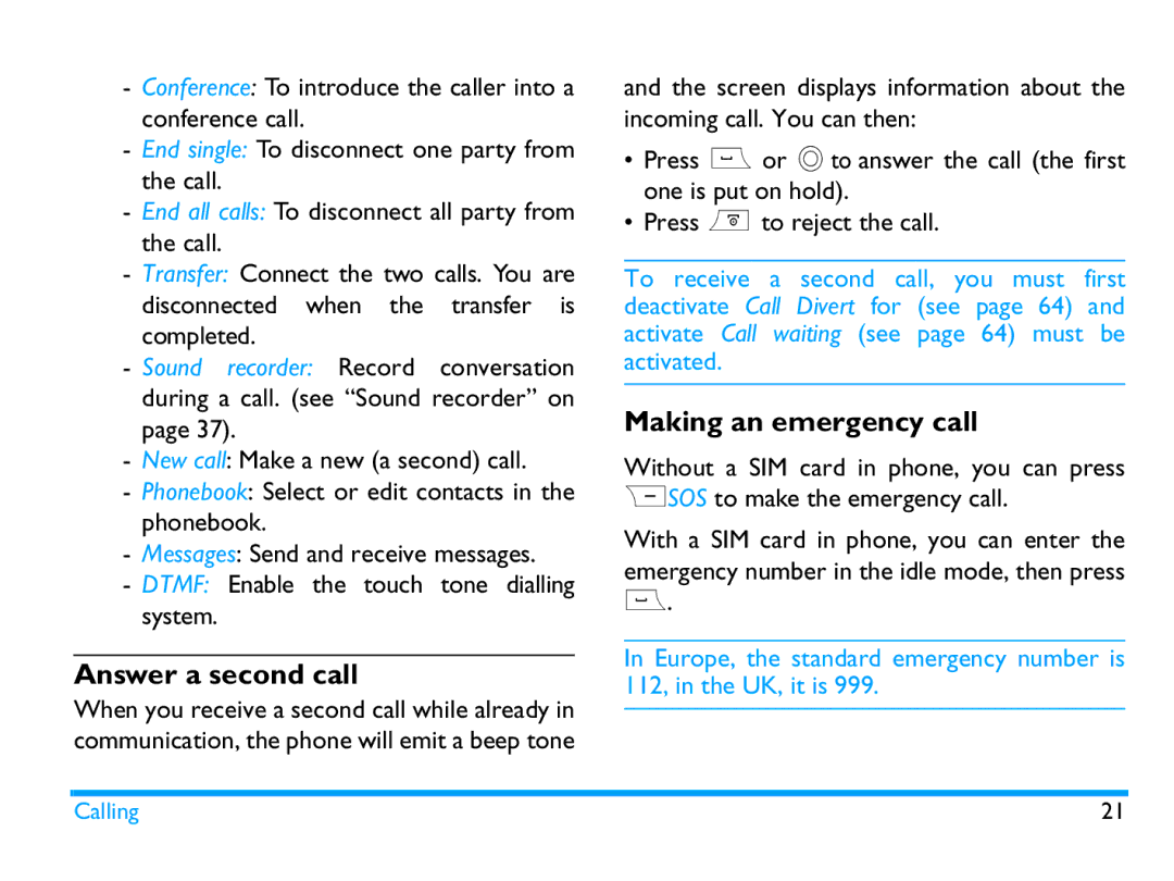 Philips CTX503WHT/00 manual Answer a second call, Making an emergency call 