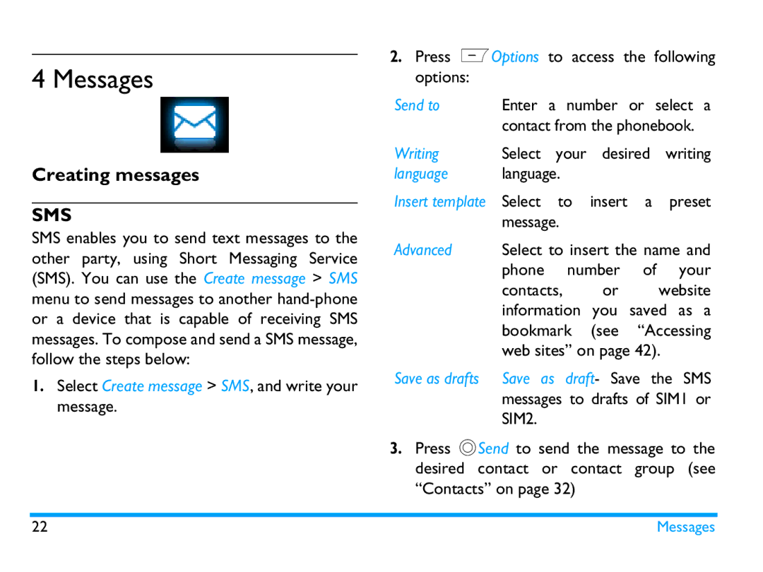 Philips CTX503WHT/00 Messages, Creating messages, Select Create message SMS, and write your message, Language language 