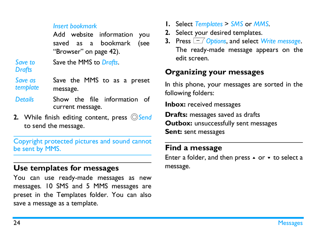 Philips CTX503WHT/00 manual Use templates for messages, Organizing your messages, Find a message 