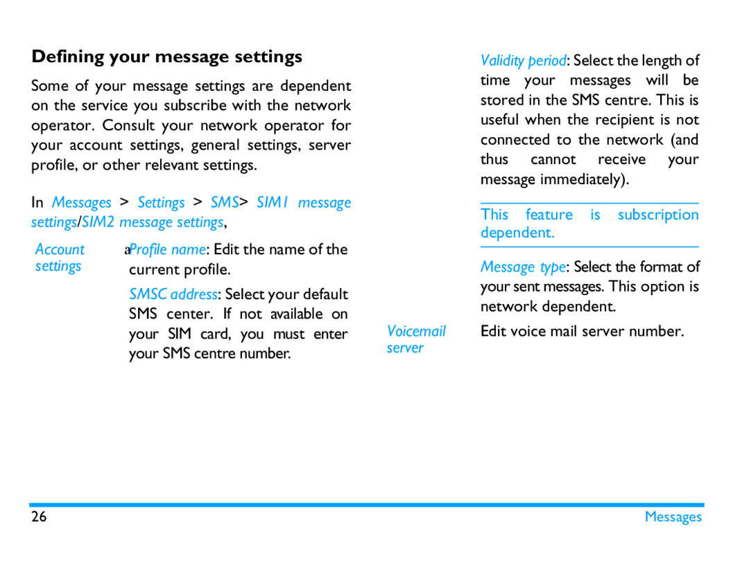 Philips CTX503WHT/00 manual Defining your message settings, Settings, Current profile, Your SMS centre number 