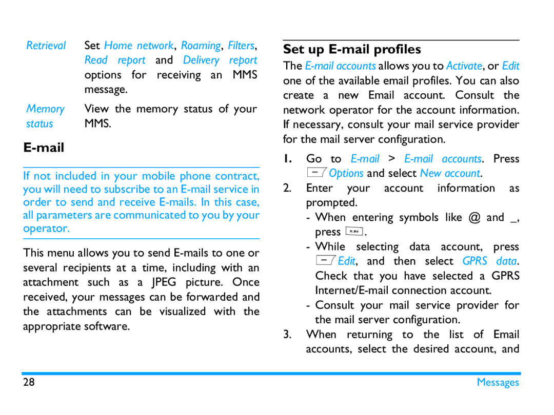 Philips CTX503WHT/00 manual Mail, Set up E-mail profiles, Memory View the memory status of your, Status MMS 