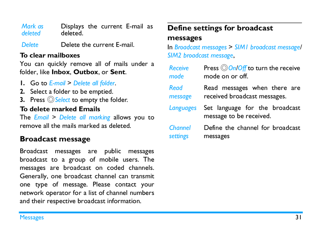 Philips CTX503WHT/00 manual Broadcast message, Define settings for broadcast messages, To clear mailboxes 