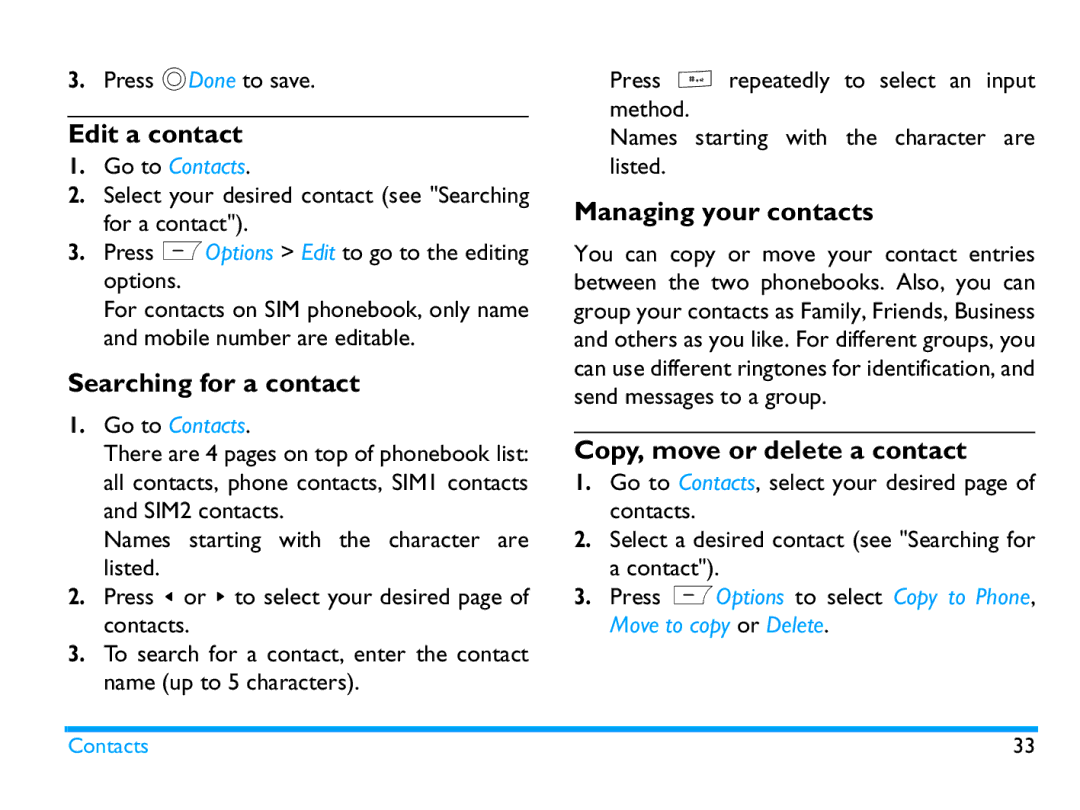 Philips CTX503WHT/00 manual Edit a contact, Searching for a contact, Managing your contacts, Copy, move or delete a contact 