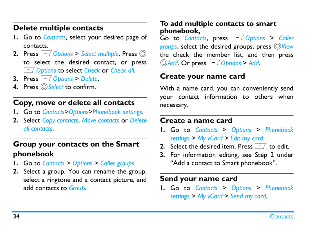 Philips CTX503WHT/00 manual Delete multiple contacts, Copy, move or delete all contacts, Create your name card 