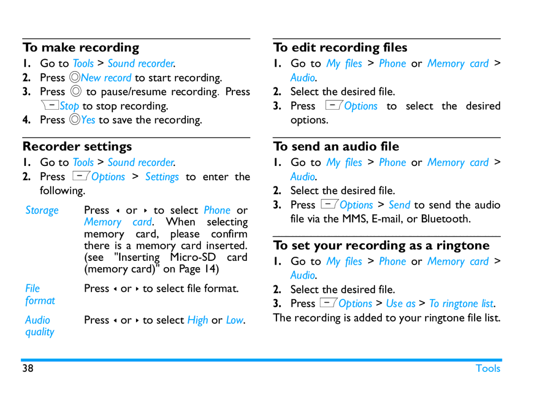 Philips CTX503WHT/00 manual To make recording, To edit recording files, Recorder settings, To send an audio file 