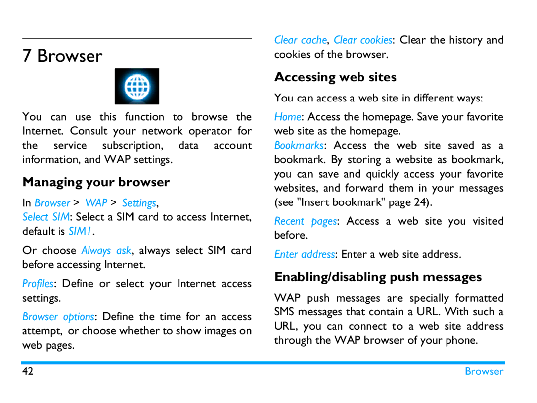 Philips CTX503WHT/00 manual Browser, Managing your browser, Accessing web sites, Enabling/disabling push messages 