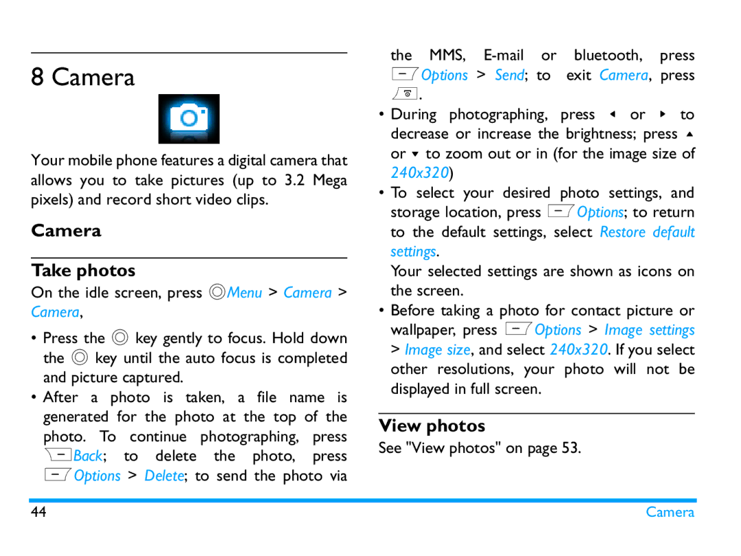 Philips CTX503WHT/00 manual Camera Take photos, View photos, 240x320 