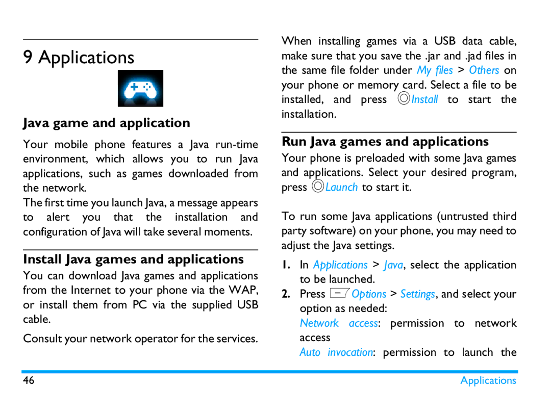 Philips CTX503WHT/00 manual Applications, Java game and application, Install Java games and applications 