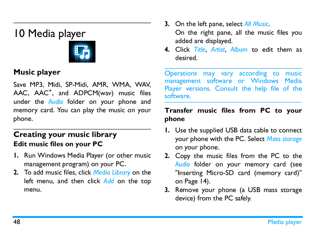 Philips CTX503WHT/00 manual Media player, Music player, Creating your music library, Edit music files on your PC 