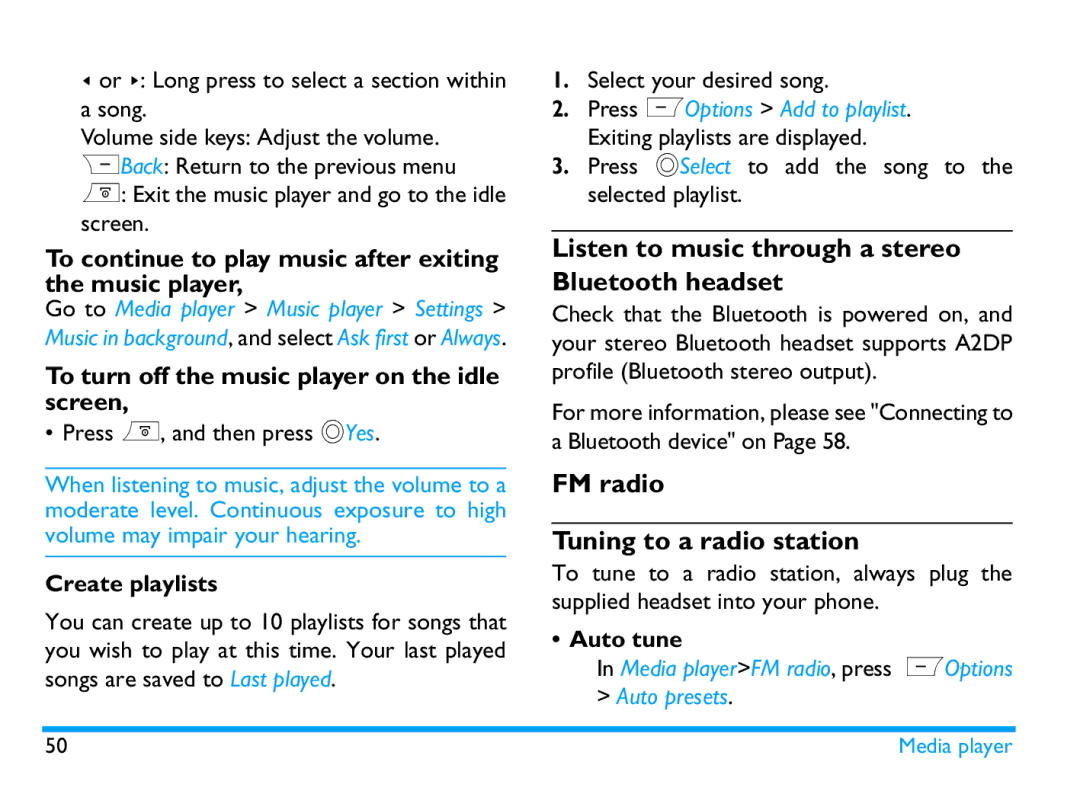 Philips CTX503WHT/00 manual To continue to play music after exiting the music player, FM radio Tuning to a radio station 