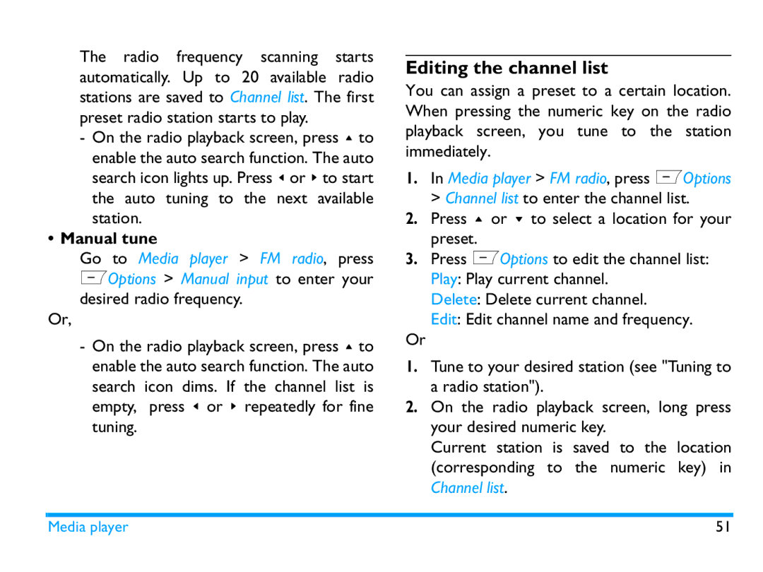 Philips CTX503WHT/00 manual Editing the channel list, On the radio playback screen, press +to, Manual tune, Tuning 