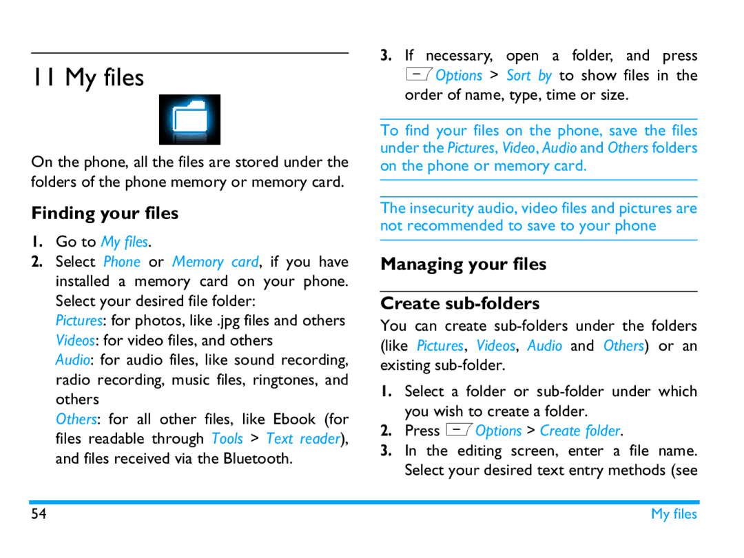 Philips CTX503WHT/00 manual Finding your files, Managing your files Create sub-folders, Go to My files 