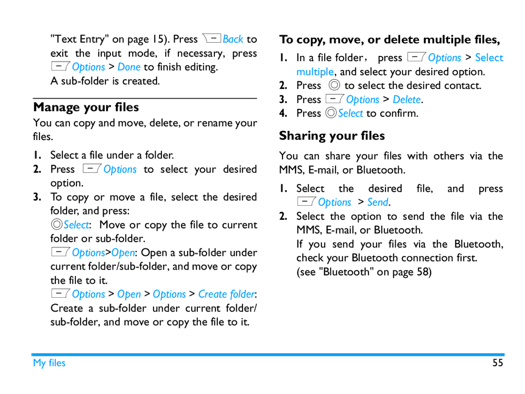 Philips CTX503WHT/00 manual Manage your files, Sharing your files, To copy, move, or delete multiple files, LOptions Send 