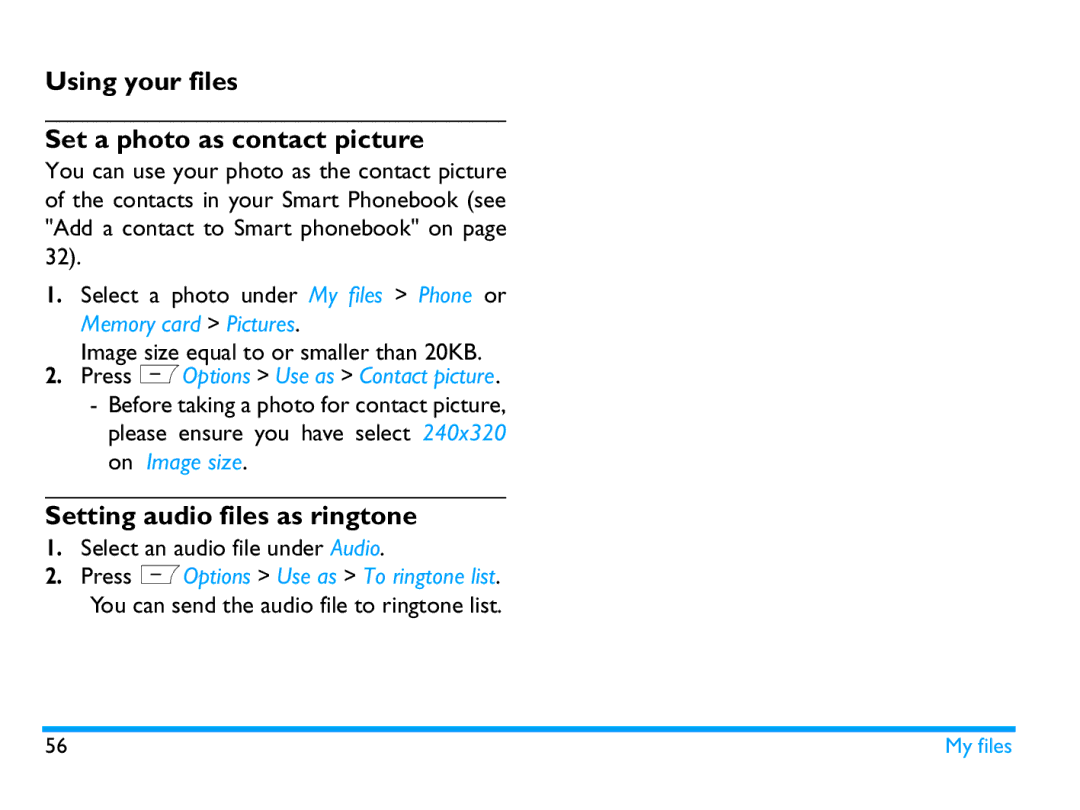 Philips CTX503WHT/00 manual Using your files Set a photo as contact picture, Setting audio files as ringtone 