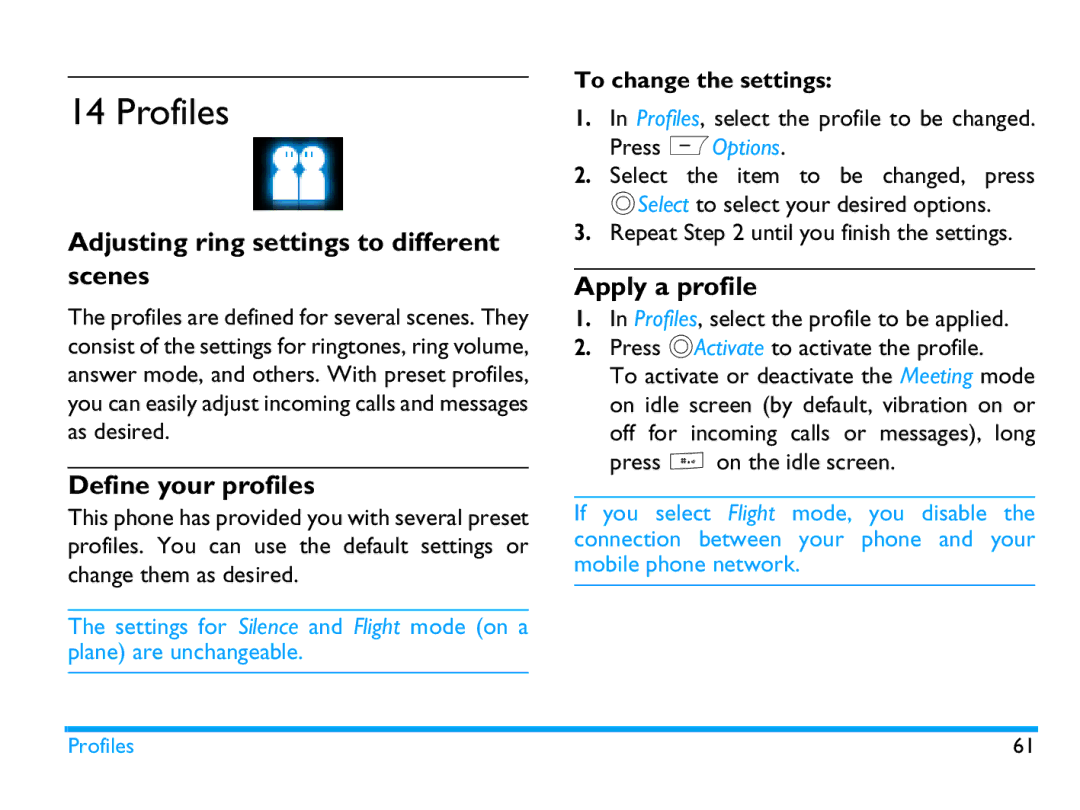 Philips CTX503WHT/00 manual Profiles, Adjusting ring settings to different scenes, Define your profiles, Apply a profile 