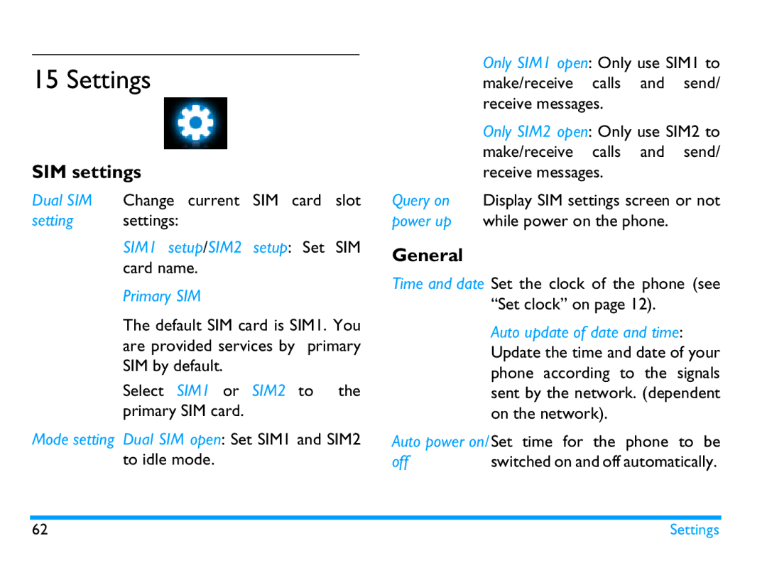 Philips CTX503WHT/00 manual Settings, SIM settings, General, SIM1 setup/SIM2 setup Set SIM card name Primary SIM, Off 