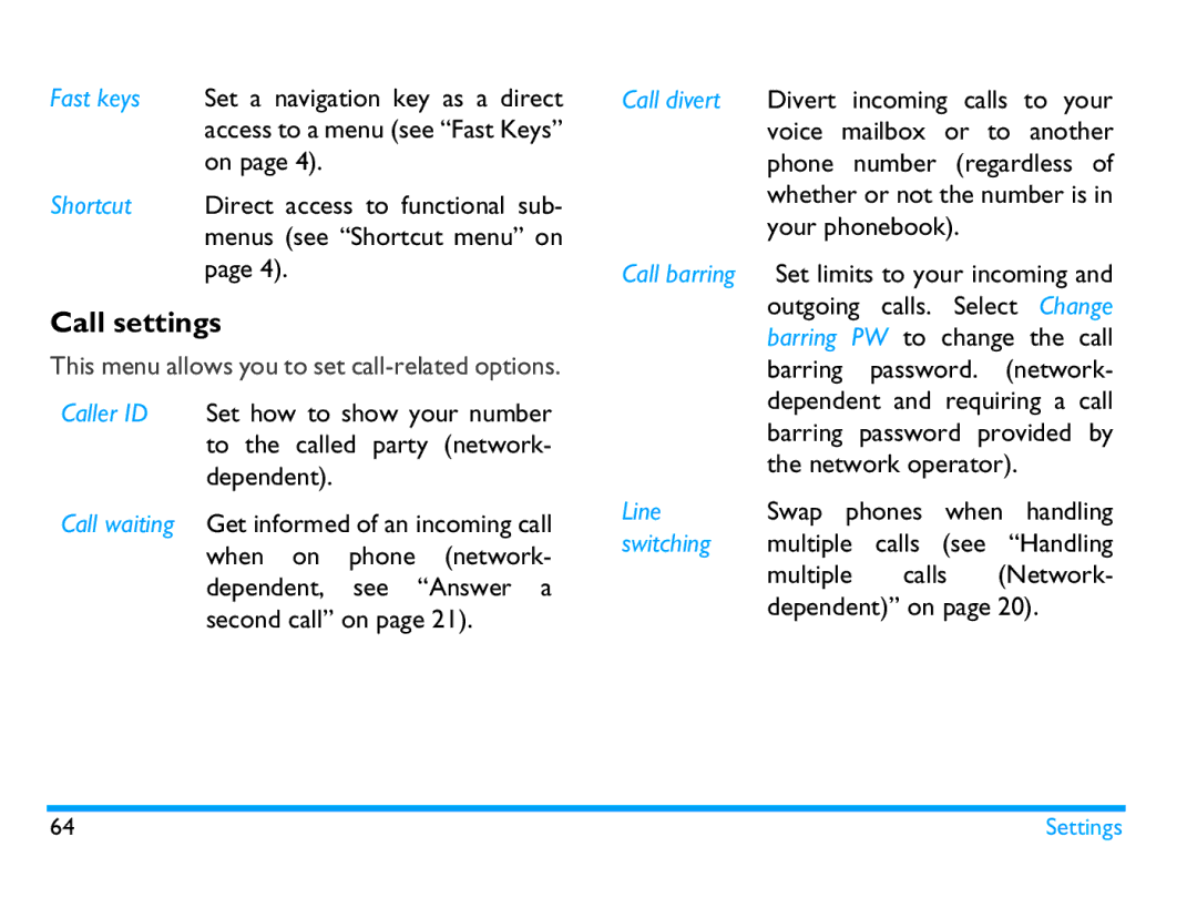 Philips CTX503WHT/00 manual Call settings 